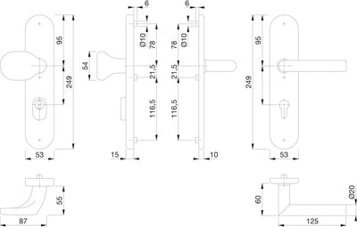 HOPPE 3662149 Sicherheits-Wechselgarnitur Amsterdam-auf Langschild PZ72, Türstärke 42-47mm, mit Kern