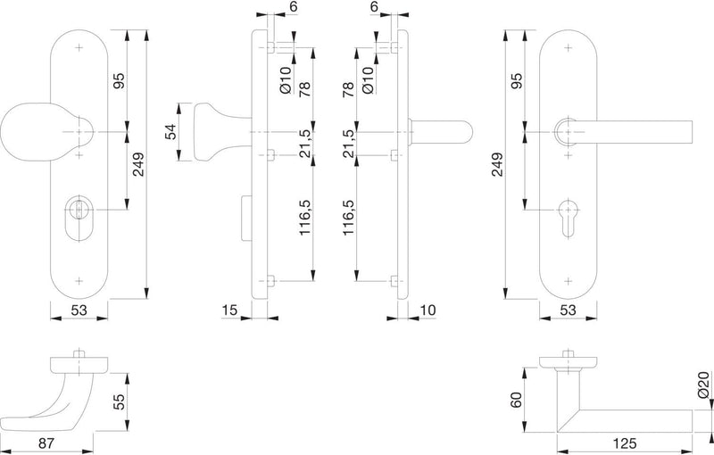 HOPPE 3662149 Sicherheits-Wechselgarnitur Amsterdam-auf Langschild PZ72, Türstärke 42-47mm, mit Kern