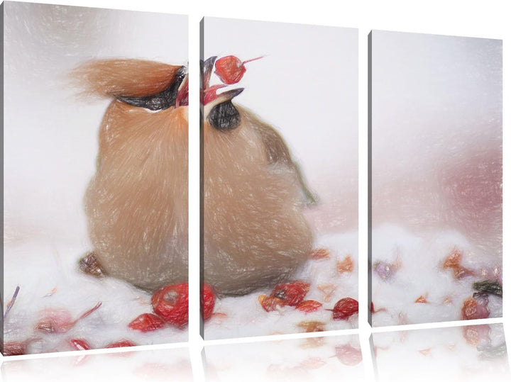 Pixxprint Kleiner Vogel im Schnee Bunstift Effekt 3-Teiler Leinwandbild 120x80 Bild auf Leinwand