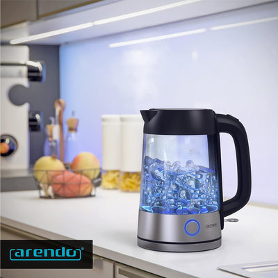 Arendo - Glas Edelstahl Wasserkocher mit LED Innenbeleuchtung - 2200 Watt - 1,7 Liter - integrierter