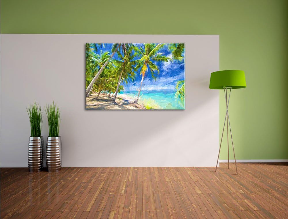 Pixxprint Traumstrand mit Palmen als Leinwandbild/Grösse: 100x70 / Wandbild/Kunstdruck/fertig bespan