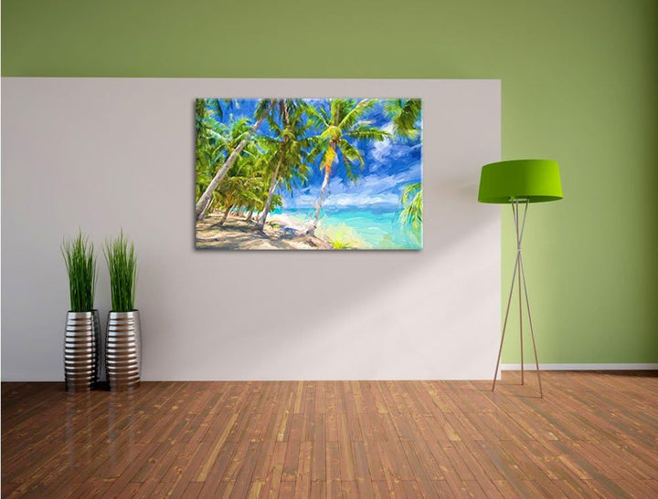 Pixxprint Traumstrand mit Palmen als Leinwandbild/Grösse: 100x70 / Wandbild/Kunstdruck/fertig bespan