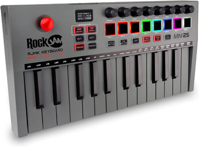 RockJam Go 25 Key USB & Bluetooth MIDI Keyboard Controller With 8 Backlit Drum Pads, 8 Knobs 25 Tast