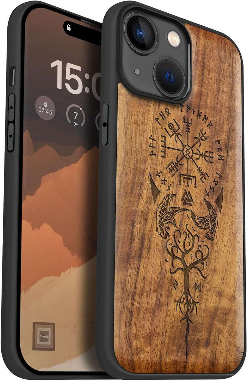 Carveit Holz Cover für iPhone 15 hülle, Kompatibel mit Magsafe Silikon Stossfeste Cover, Magnetisch