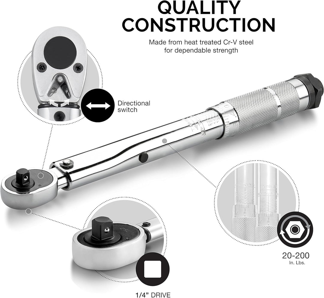 Neiko 03714A 1/4-Zoll-Antrieb, verstellbarer Klick-Drehmomentschlüssel | SAE | 20-200 Zoll Pfund Chr