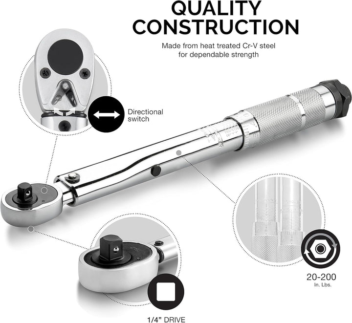 Neiko 03714A 1/4-Zoll-Antrieb, verstellbarer Klick-Drehmomentschlüssel | SAE | 20-200 Zoll Pfund Chr