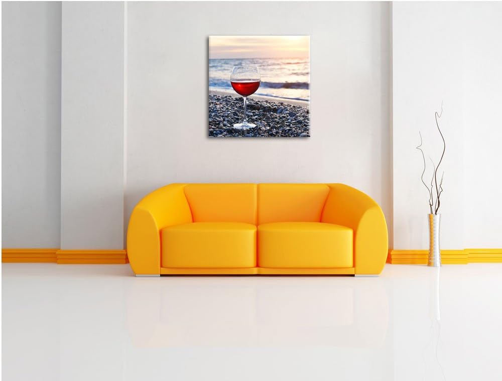 Weinglas am Steinstrand, Format: 70x70 auf Leinwand, XXL riesige Bilder fertig gerahmt mit Keilrahme
