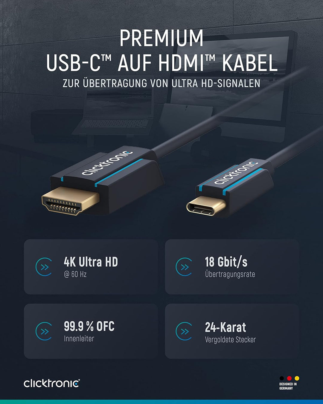 Clicktronic 1m USB C zu HDMI Adapter für TV – USB-C auf HDMI 2.0 Adapterkabel 4K 60Hz - Thunderbolt