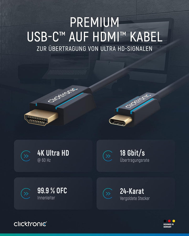 Clicktronic 1m USB C zu HDMI Adapter für TV – USB-C auf HDMI 2.0 Adapterkabel 4K 60Hz - Thunderbolt