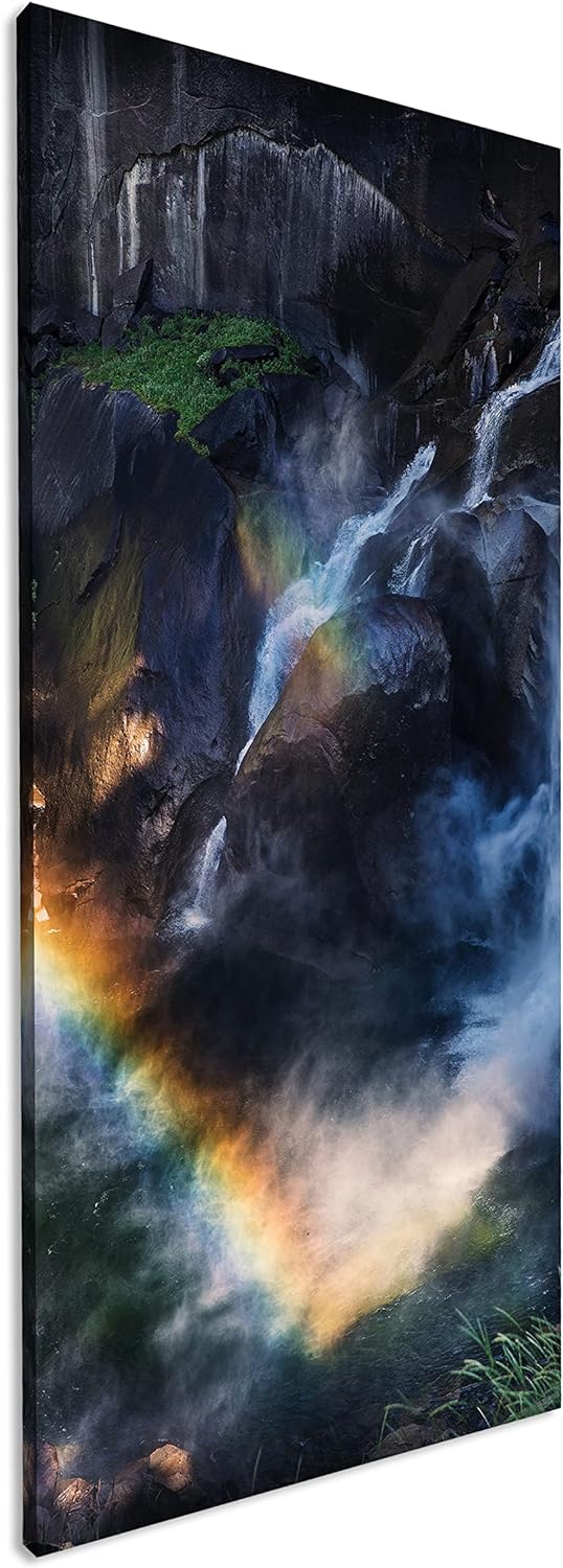 Regenbogen am Wasserfall Panorama 80x40 cm als Leinwandbild, Motiv fertig gerahmt auf Echtholzrahmen