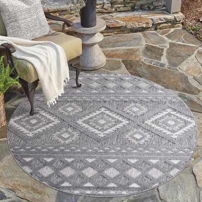 payé Teppich Outdoor Indoor - Rund 200cm - Anthrazit Raute Ornamente - Boho Design Modern Vintage Te