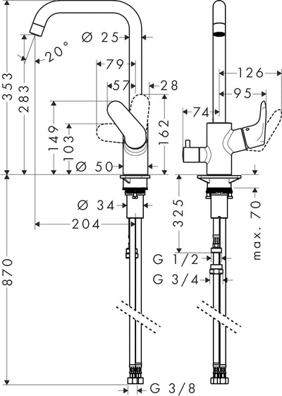 hansgrohe Focus Küchenarmatur (Wasserhahn Küche mit Geräteabstellventil, 110°, 150°, 360° schwenkbar