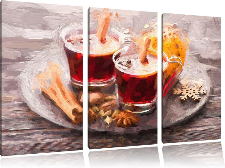 Pixxprint Aromatischer Glühwein mit Zimt Pinsel Effekt 3-Teiler Leinwandbild 120x80 Bild auf Leinwan