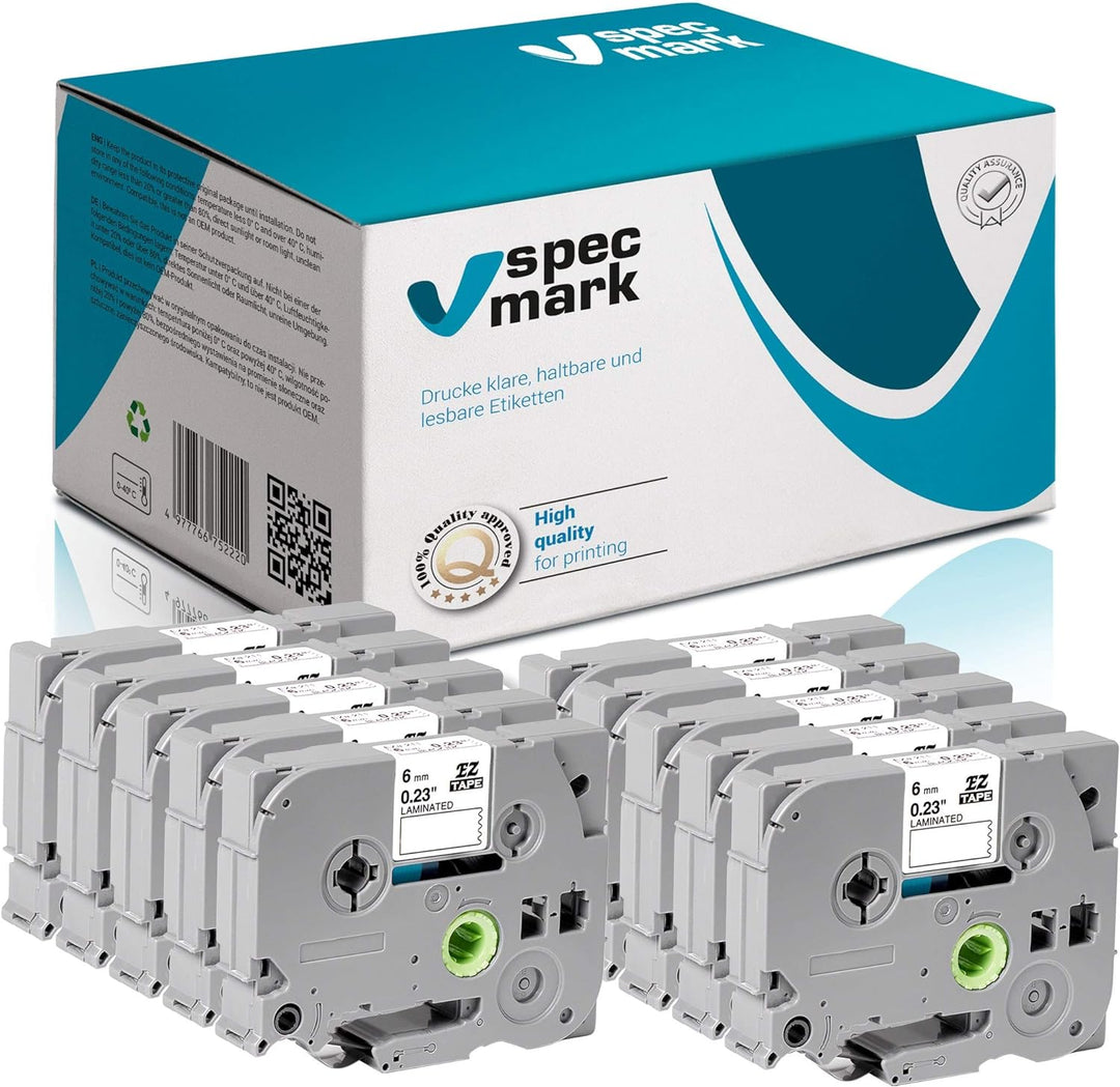 specmark Schriftband TZe-213 6mm x 8m Satz x 10 St. Blau auf Weiss Band kompatibel mit allen Drucker