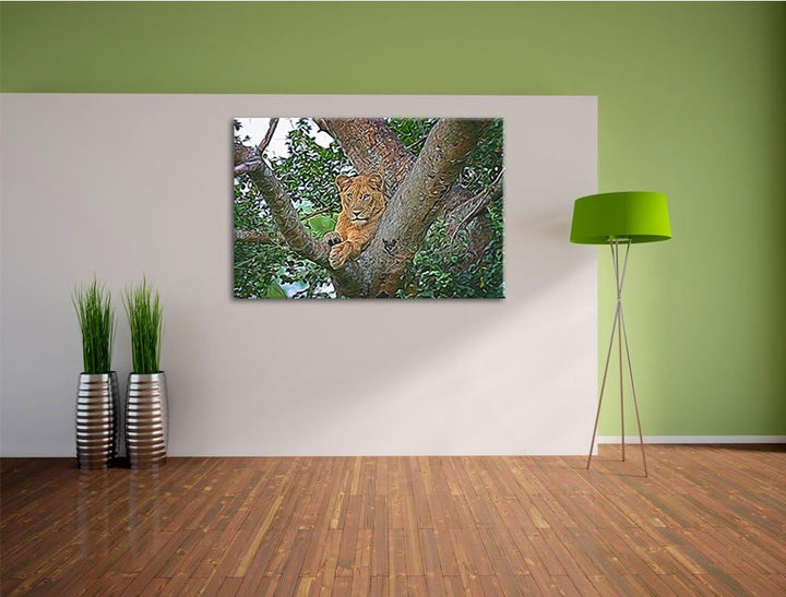 schöne Löwin auf Baum Deluxe Format: 100x70 cm auf Leinwand, XXL riesige Bilder fertig gerahmt mit K