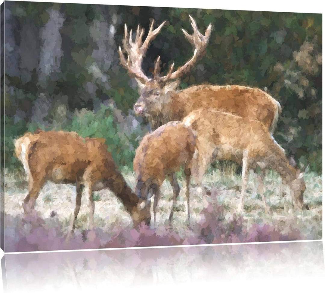 Hirschfamilie auf Waldlichtung NewArt Format: 100x70 cm auf Leinwand, XXL riesige Bilder fertig gera