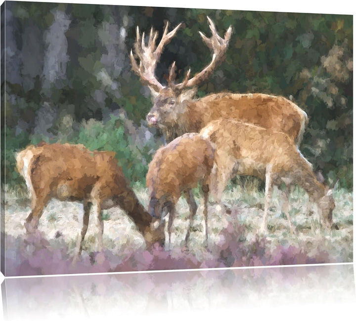 Hirschfamilie auf Waldlichtung NewArt Format: 100x70 cm auf Leinwand, XXL riesige Bilder fertig gera