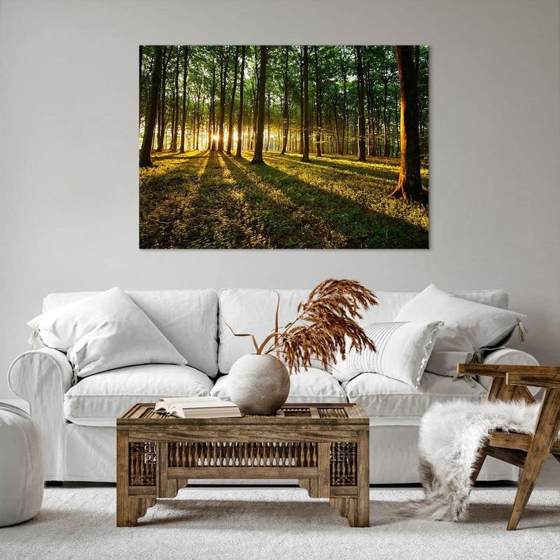 Bilder auf Leinwand 100x70cm Leinwandbild Wald grün Sonnenstrahlen Natur Gross Wanddeko Bild Schlafz