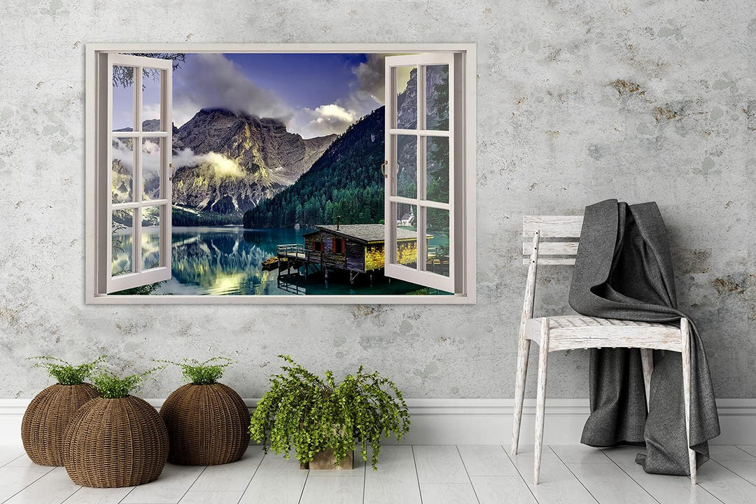 Feeby Vlies Leinwandbild Blick Durchs Fenster 3D-Effekt 90x60 cm Druckbild Wandbild Wanddekoration D