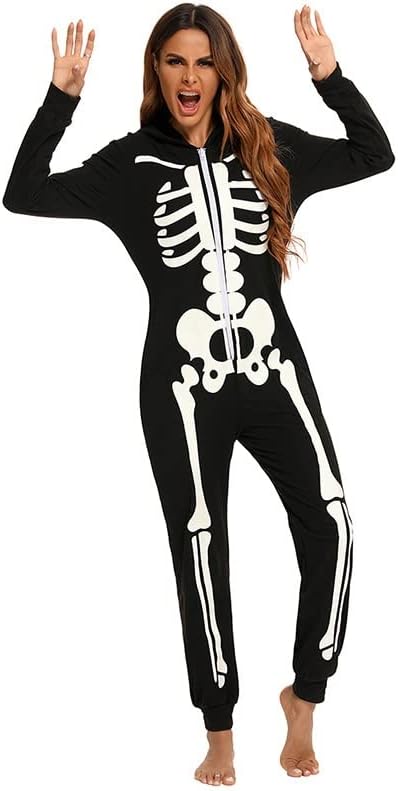 thematys Skelett Horror Jumpsuit Onesie mit Kapuze | Erwachsene | Halloween | Mottowoche | Karneval