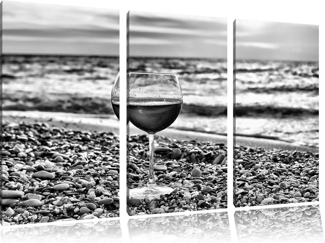 Pixxprint Monocrome, Weinglas am Steinstrand 3-Teiler Leinwandbild 120x80 Bild auf Leinwand