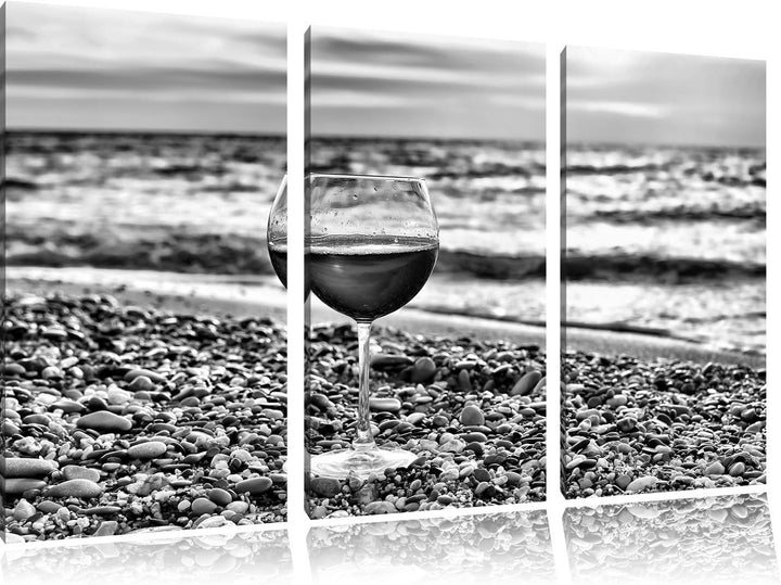 Pixxprint Monocrome, Weinglas am Steinstrand 3-Teiler Leinwandbild 120x80 Bild auf Leinwand