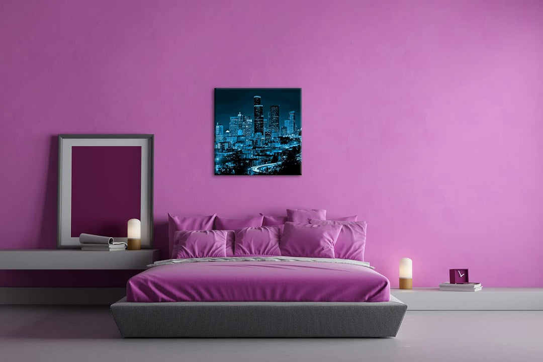 deyoli belebte Skyline von Seattle bei Nacht Format: 60x60 Effekt: Monocrome Blau als Leinwandbild,