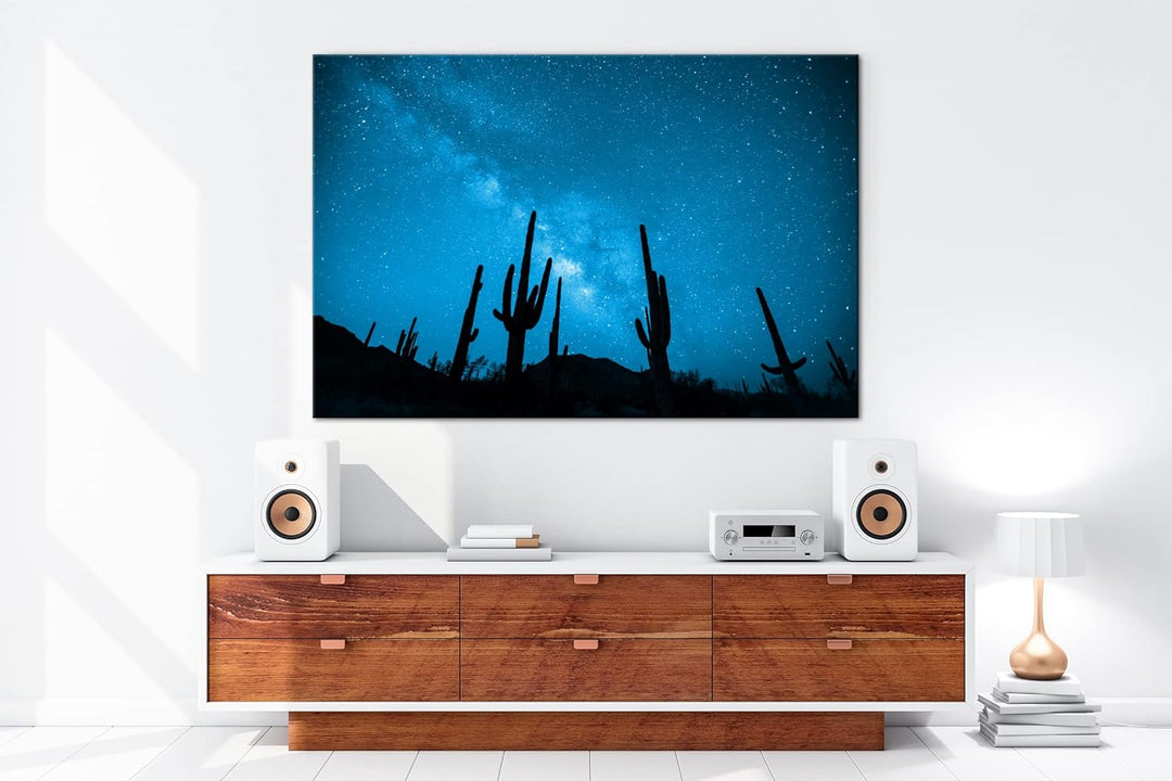atemberaubender Sternenhimmel in der Wüste Format 80x60 Effekt: Monocrome Blau als Leinwandbild, Mot