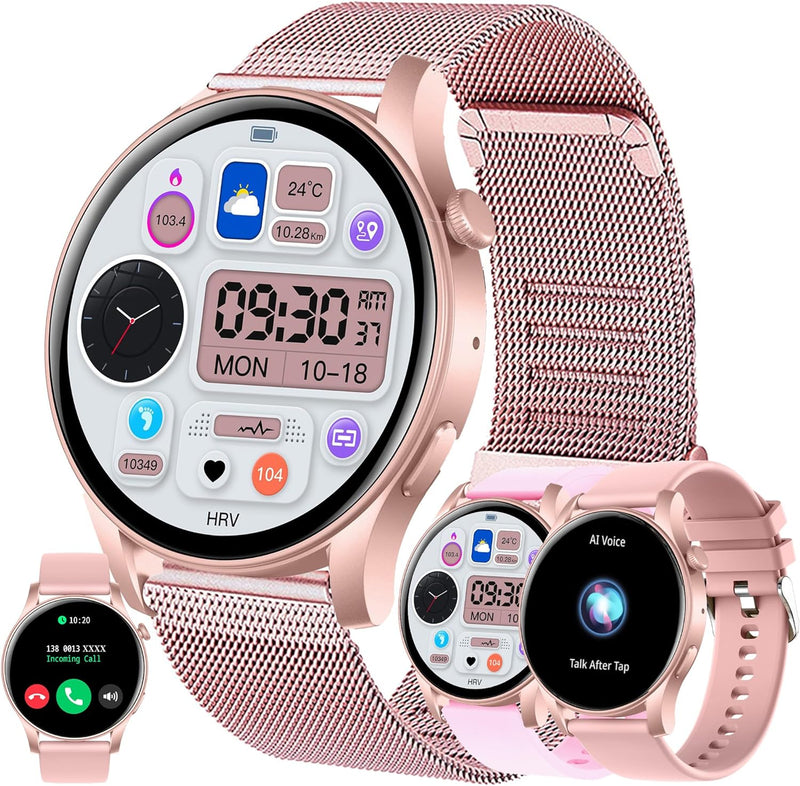 Smartwatch Damen mit Telefonfunktion, 1,43” AMOLED Fitnessuhr mit 100+ Sportmodi, Pulsmesser, Schlaf