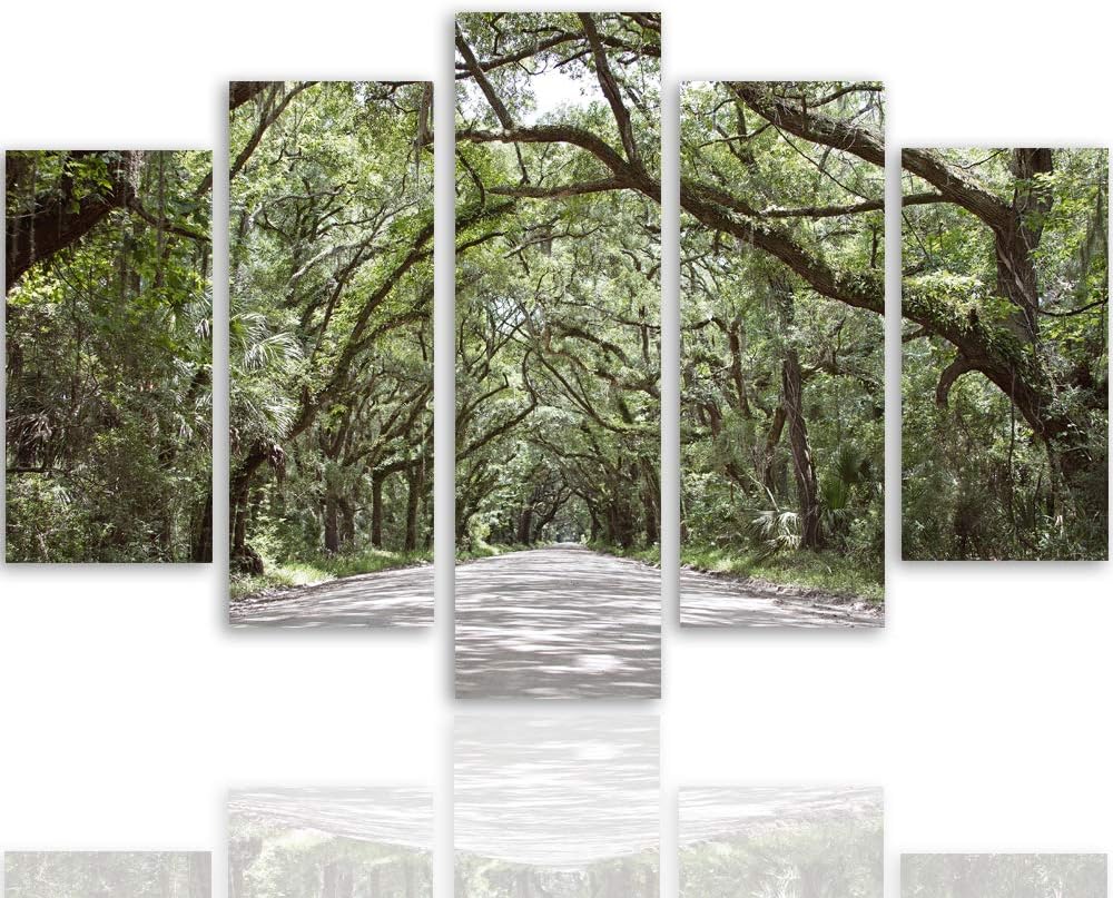 Feeby Wanddeko XXL Natur Leinwandbild 5 Teilig Landschaft Bäume Weg Allee grün 100x70 cm Leinwandbil