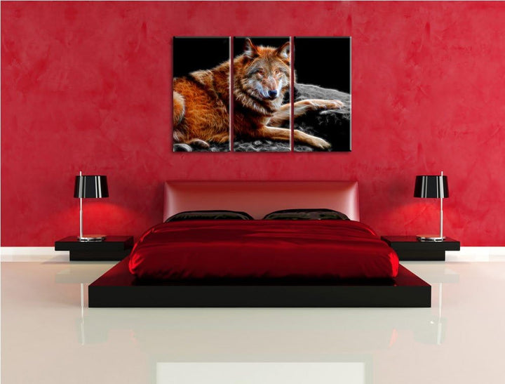 Dark stolzer Wolf auf Stein schwarz/weiss Deluxe 3-Teiler Leinwandbild 120x80 Bild auf Leinwand, XXL