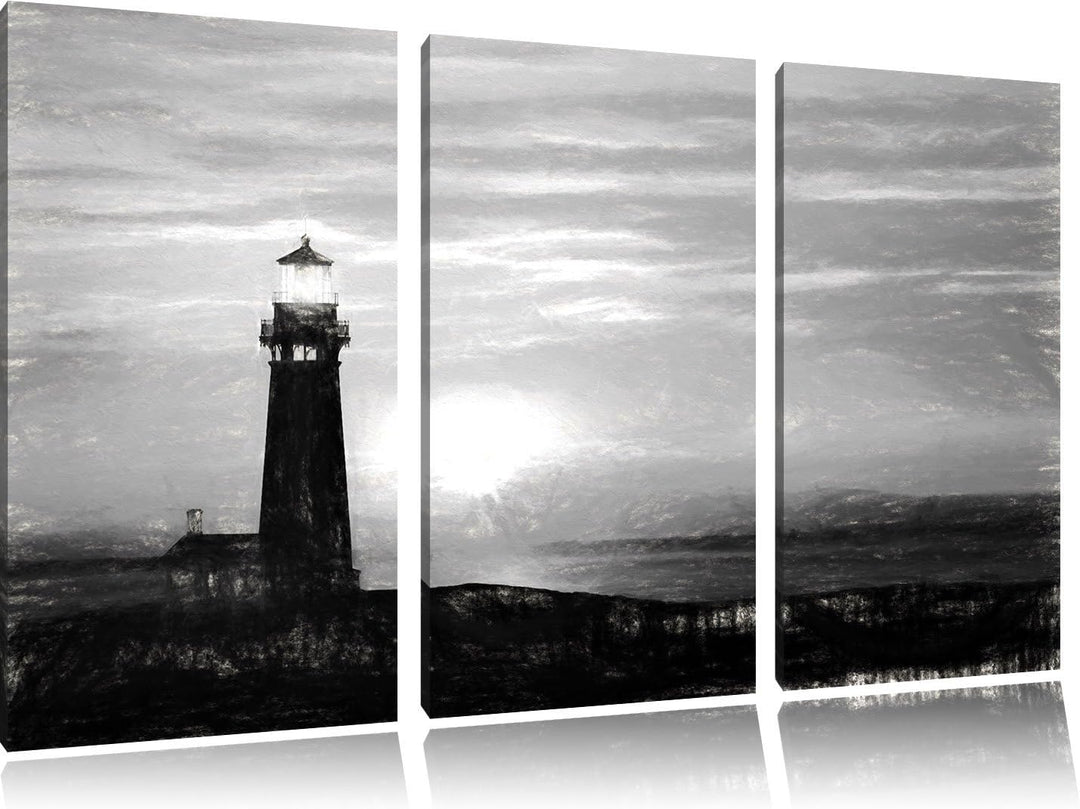 Pixxprint Leuchtturm im Sonnenuntergang / 3-Teilig/Gesamtmass 120cm Leinwandbild bespannt auf Holzra