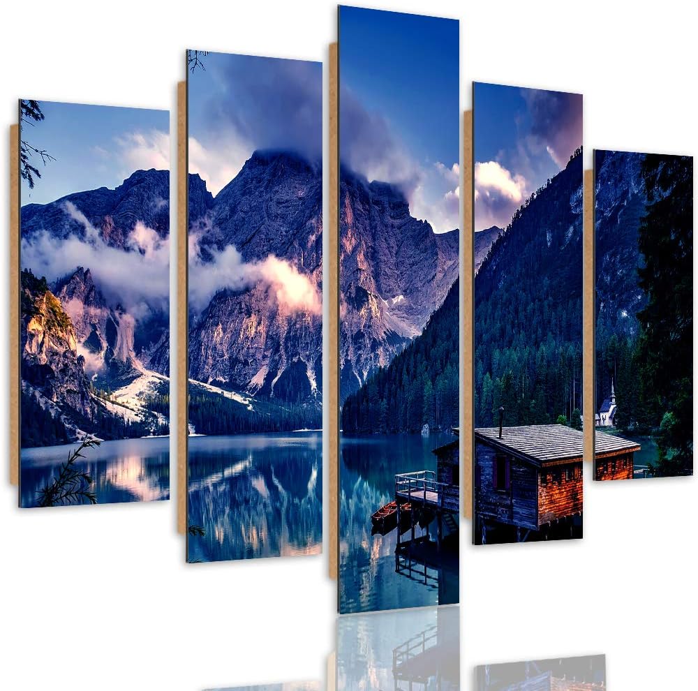 Wandbild Berge 250x120 cm Deco Panel 5 Teilig XXL Kunstdruck Hütte See blau Deco Panel XXL 250x120 c