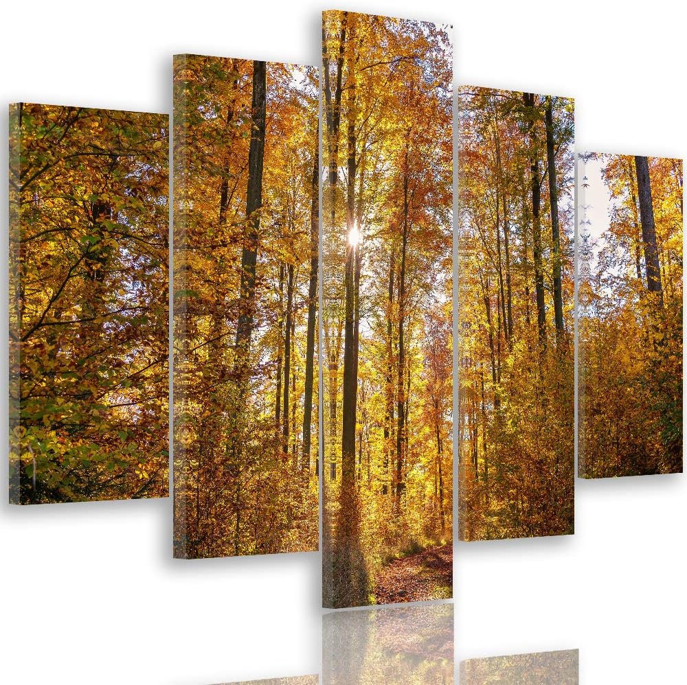 Feeby Bild auf Leinwand Landschaft 5 Teilig Modern Bäume Blätter Natur orange 200x100 cm Leinwandbil