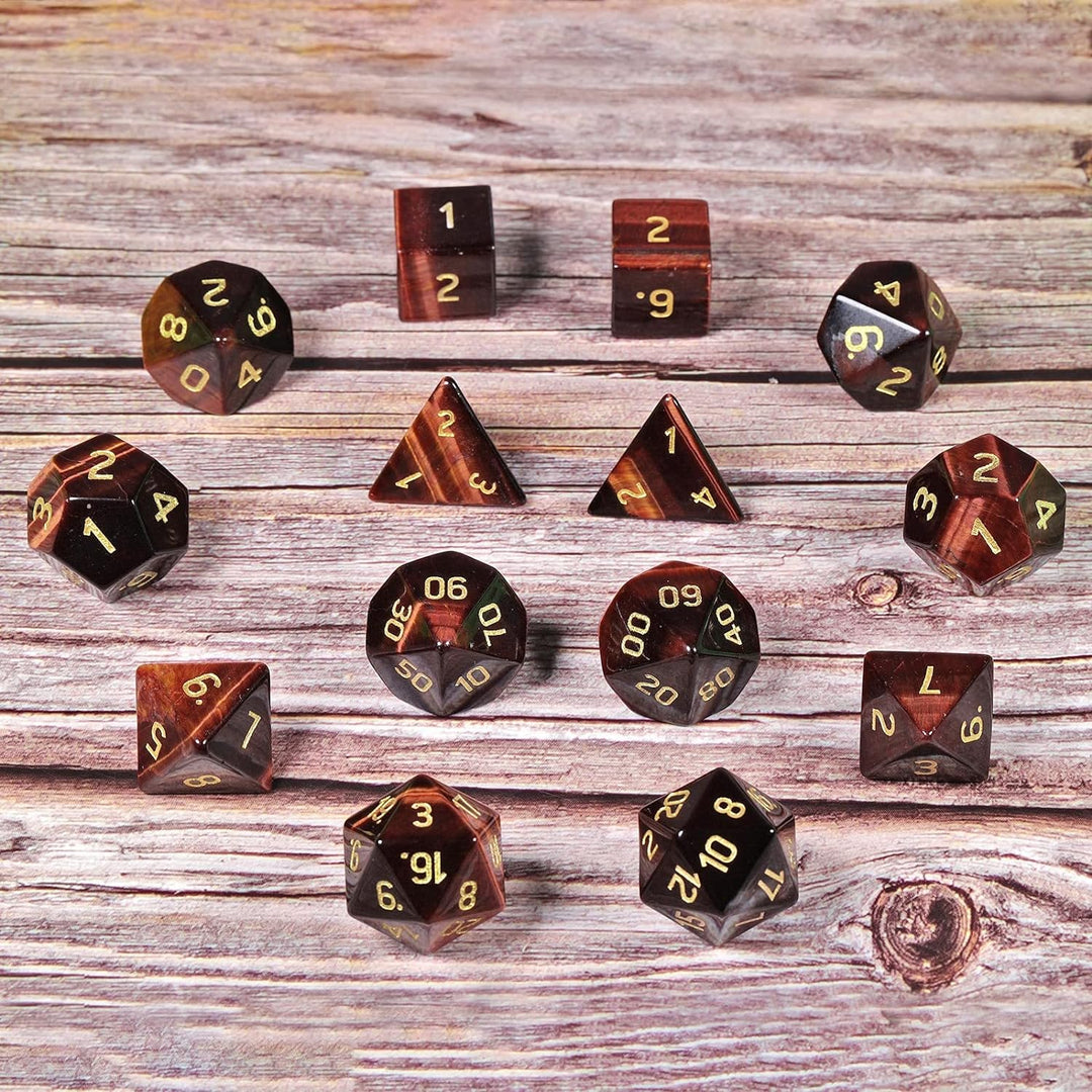 KYEYGWO Rotes Tigerauge Kristall Polyedrische Würfel Set, 7pcs Reiki Heilung Stein Polyedrischer Spi