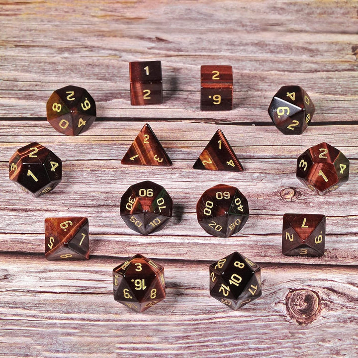 KYEYGWO Rotes Tigerauge Kristall Polyedrische Würfel Set, 7pcs Reiki Heilung Stein Polyedrischer Spi