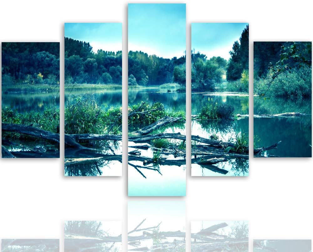 Bilder Natur 200x100 cm - Leinwandbild 5 Teilig XXL Kunstdruck Wald See blau Leinwandbild XXL 200x10