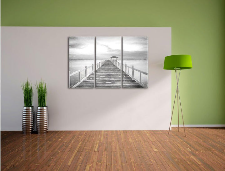 Pixxprint Steg ins Meer bei Sonnenuntergang Kohle Zeichnung Effekt 3-Teiler Leinwandbild 120x80 Bild