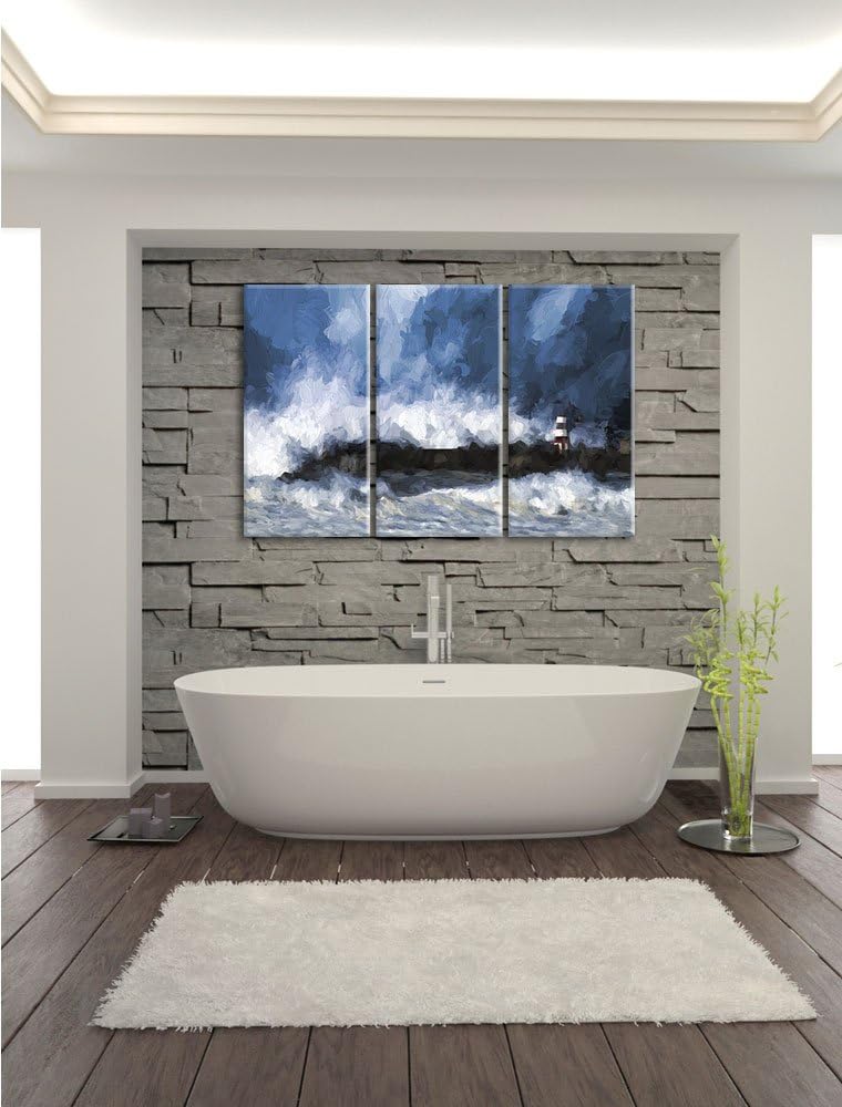 Pixxprint Tobendes Meer mit Leuchtturm als Leinwandbild | Grösse: 3 Teilig (120x80) | Wandbild| Kuns