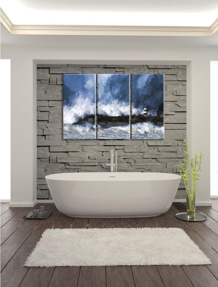 Pixxprint Tobendes Meer mit Leuchtturm als Leinwandbild | Grösse: 3 Teilig (120x80) | Wandbild| Kuns