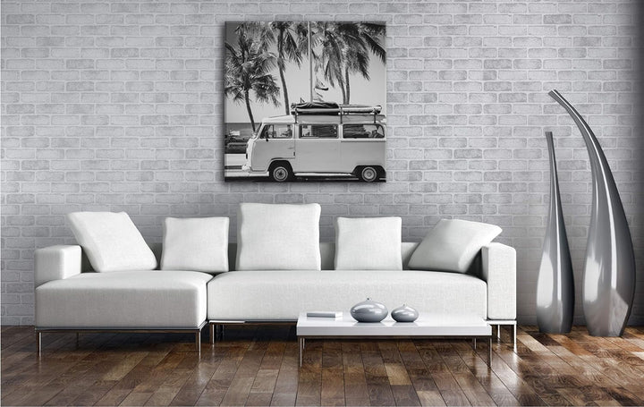 deyoli Camper am Strand mit Palmen im Format: 60x60 Effekt: Schwarz&Weiss als Leinwandbild, Motiv au