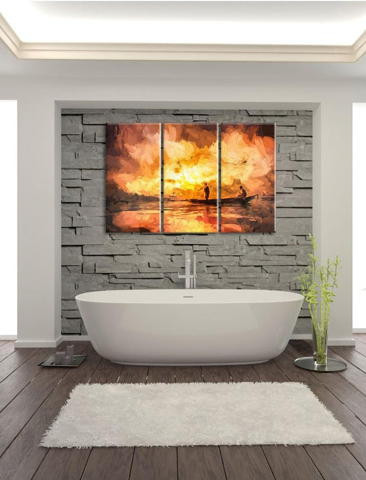 Pixxprint Fischer am fischen mit Wurfnetz als Leinwandbild/Grösse: 3 Teilig (120x80) cm/Wandbild/Kun