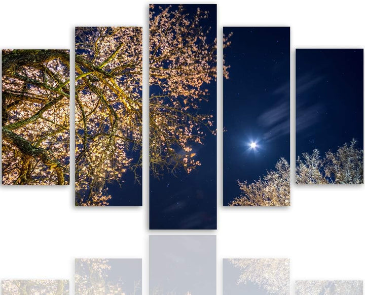 Feeby Wanddeko XXL Landschaft Leinwandbild 5 Teilig Bäume Himmel Mond blau 250x120 cm Leinwandbild 2