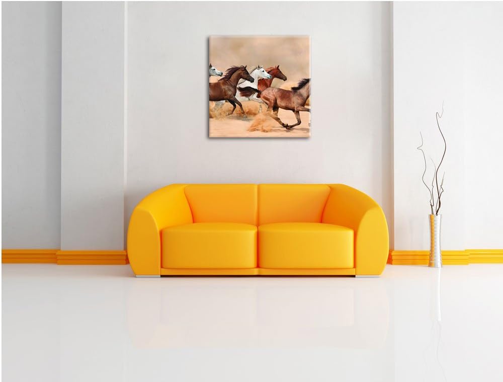 Western Pferde in Wüste, Format: 70x70 auf Leinwand, XXL riesige Bilder fertig gerahmt mit Keilrahme