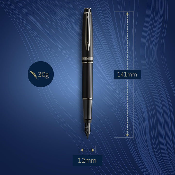 Waterman Expert Füller | Schwarze Metallic-Lackierung mit Ruthenium-Zierteilen | Medium Edelstahlfed