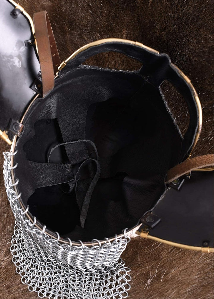 Battle-Merchant Brillenhelm Beowulf mit Wangenklappen und Kettenbrünne mit verstellbarem Lederinlay