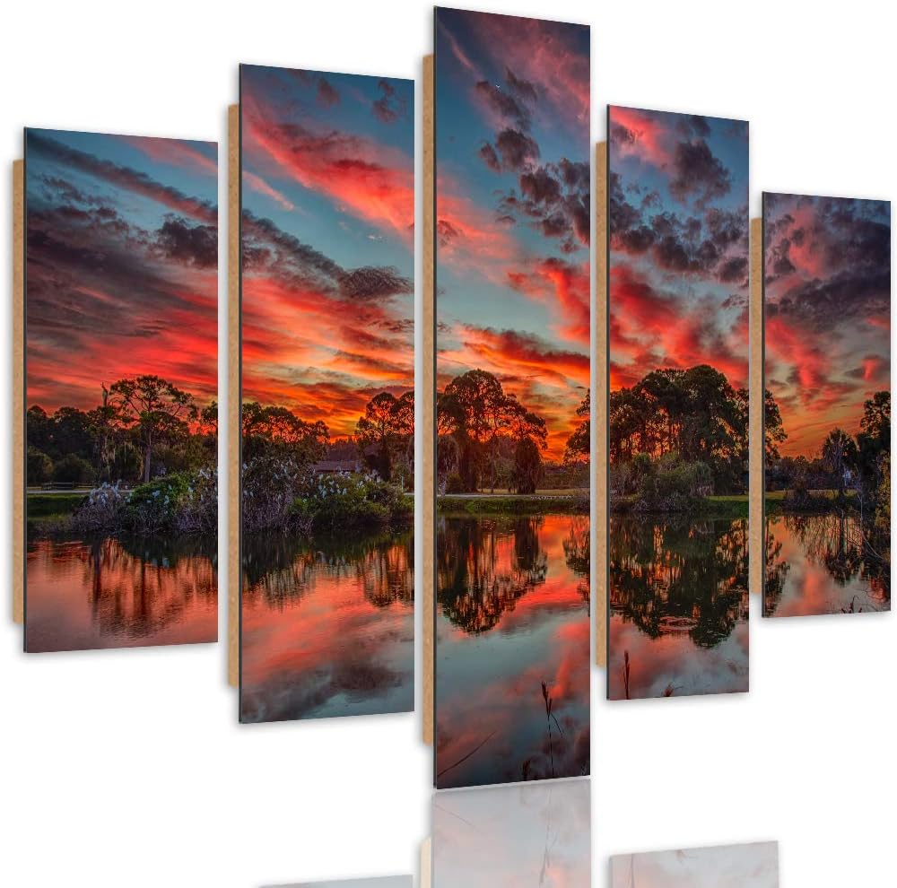 Feeby Wandbild Landschaft 150x100 cm Deco Panel 5 Teilig XXL Kunstdruck Himmel rot Deco Panel XXL 15