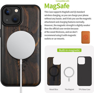 Carveit Holz Cover für iPhone 15 hülle, Kompatibel mit Magsafe Silikon Stossfeste Cover, Magnetisch