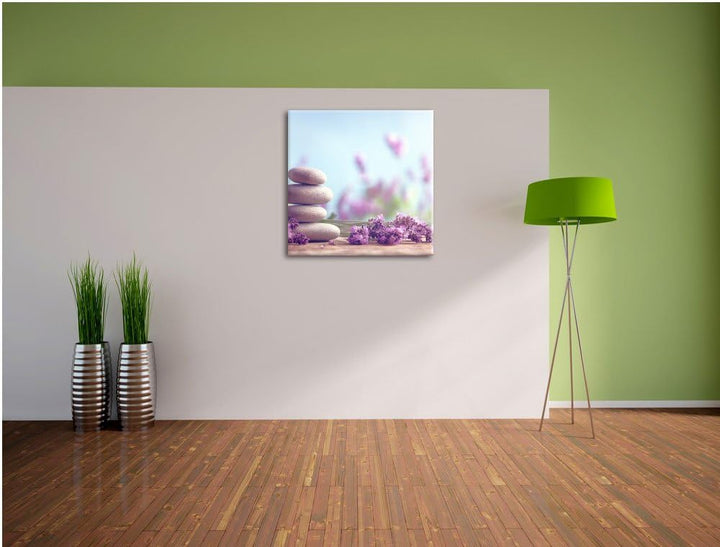 Lavendel Spa-Stillleben, Format: 70x70 auf Leinwand, XXL riesige Bilder fertig gerahmt mit Keilrahme