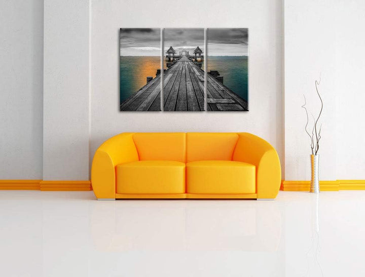 Pixxprint Bootssteg beim Sonnenuntergang als Leinwandbild | Grösse: 3 Teilig (120x80) | Wandbild| Ku